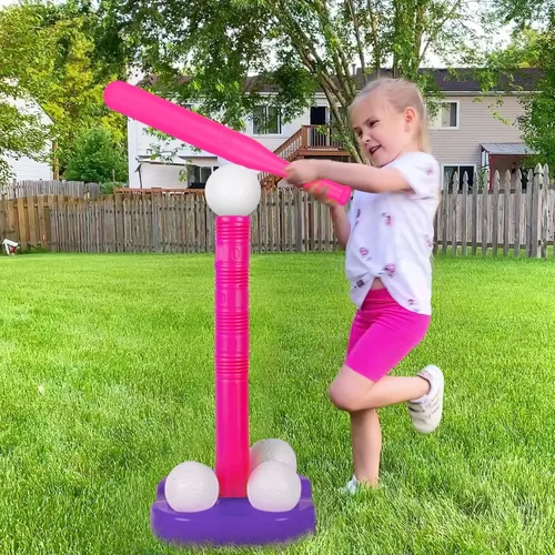 Miniatura 7 de Liberry Tball Set para niños pequeños con soporte de pelota de altura ajustable, base pesada y bate de béisbol para niños, juguetes deportivos, Rosa