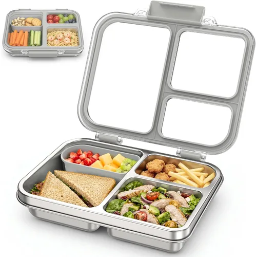 Miniatura 8 de Lonchera Bento de acero inoxidable para niños, lonchera metálica de 3 compartimentos con tapa transparente y silicona extraíble, lonchera para niños
