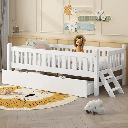 Miniatura 11 de Base de cama de tamaño individual con barandillas nido y valla para niños, adolescentes y adultos, soporte de listones de madera, no necesita Gris