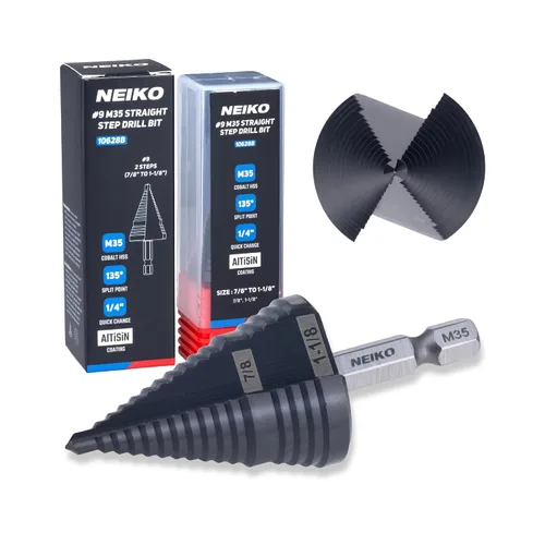Miniatura 64 de NEIKO 10602B Step Drill Bit, 13 Steps 1/8" to 1/2" Spiral M35 Cobalt, AlTiSiN Coated, 1/4" Quick Change Step Bits for Steel, Metal, Wood, Plastic