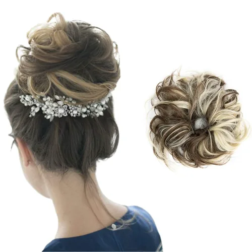 Miniatura 20 de Extensiones de cabello desordenado, coleta, peinado recogido, Moño, Mezcla de blanqueador negro y café.