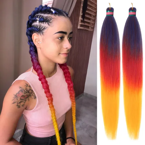 Miniatura 23 de Extensiones de cabello para trenzar verde+verde claro, preestiradas, 2 paquetes, con cabello plumoso pre-trenzado, extensiones de cabello