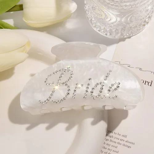 Miniatura 2 de Aileam - Pinza para el pelo de garra de novia, pinza de pelo acrílico blanco con diseño de plátano, logotipo de novia de diamantes de imitación
