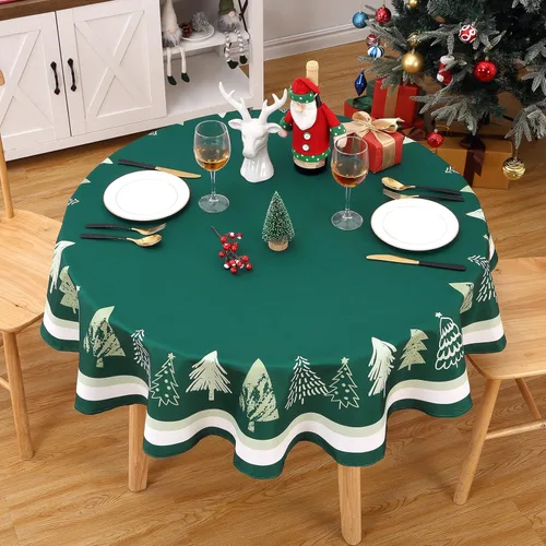 Miniatura 3 de ROYGROW Mantel redondo de Navidad de 60 pulgadas, decoración de Navidad, árbol de Navidad, mantel de Navidad verde, mantel decorativo