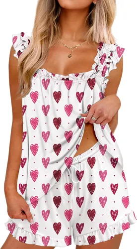 Miniatura 11 de Ekouaer Conjunto de pijama para mujer, conjunto de 2 piezas con volantes, camiseta sin mangas suave y pantalones cortos, conjunto de pijama de novia