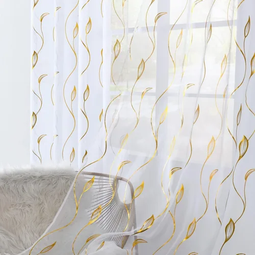 Miniatura 21 de Youleyar - 2 paneles de cortinas de gasa con estampado de lámina dorada, con ojales en la parte superior, para ventana, de 63 pulgadas de largo