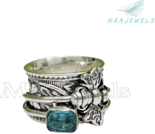 Miniatura 2 de Blue Topaz Spinner Band Ring, Solid 925 Sterling Silver Fidget Jewelry, Honey Bee Design, Boho Statement Piece, December Birthstone Gift for Wife