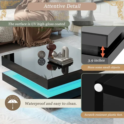 Miniatura 5 de Mesa de centro cuadrada moderna con iluminación LED de 16 colores, mesa central de 2 niveles, mesa de cóctel de alto brillo para sala de estar Negro