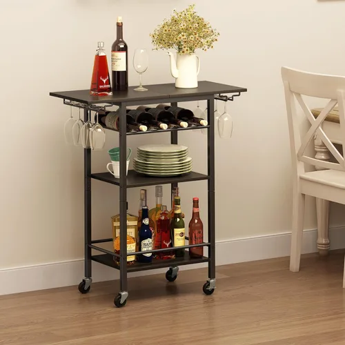 LAATOOREE Carrito de bar de 4 niveles, carrito de servicio para el hogar, carrito móvil negro para bebidas, estante de cocina rodante con soportes