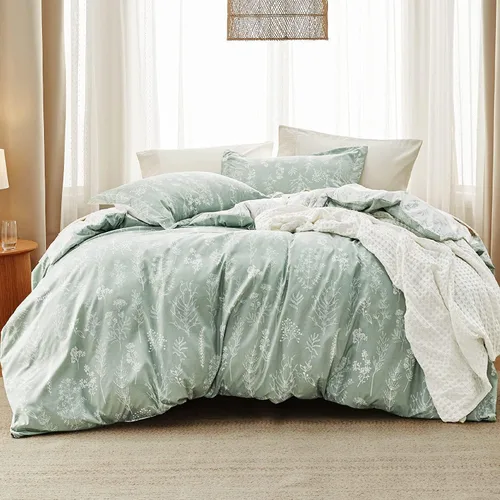 Bedsure - Juego de edredón tamaño King, juego de ropa de cama verde salvia, 3 piezas de ropa de cama floral bonita, 1 edredón reversible suave con