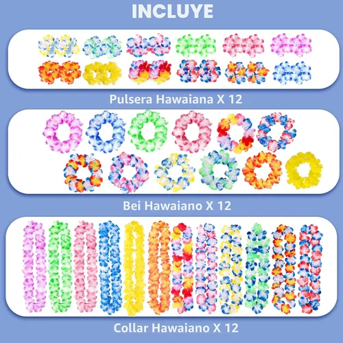 Miniatura 2 de Garma Juego de 48 collares hawaianos de Luau Leis, paquete de 12 collares de flores tropicales con pulseras para recuerdos de fiesta Luau