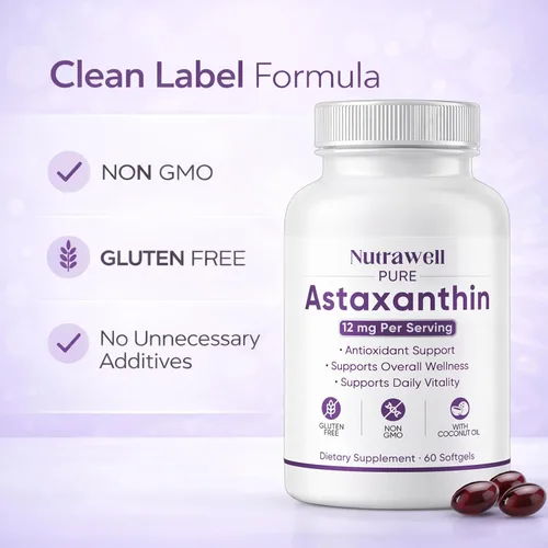 Miniatura 6 de NutraWell Astaxantina 12 mg, con aceite de coco, suplemento de apoyo antioxidante, sin OMG, sin gluten, 60 cápsulas blandas