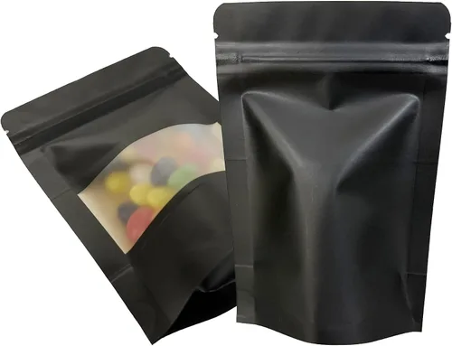 Miniatura 6 de FERENLI 50 bolsas de papel kraft resellables negras con ventana mate para ventana, bolsas de almacenamiento de alimentos sellables con cierre