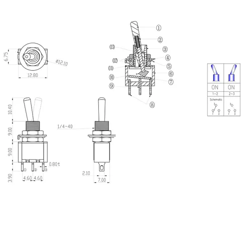 Miniatura 7 de Interruptor de palanca AC 5A/125V 2A/250V 3 pines On/On 2 Posiciones SPDT Mini Interruptor de palanca miniatura Tablero de salpicadero de coche