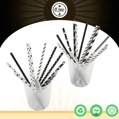 Miniatura 3 de qiqee Pajitas de papel negro, 150 pajitas desechables a granel (10 patrones negros, biodegradables, desechables, 7.75 x 0.25 pulgadas)