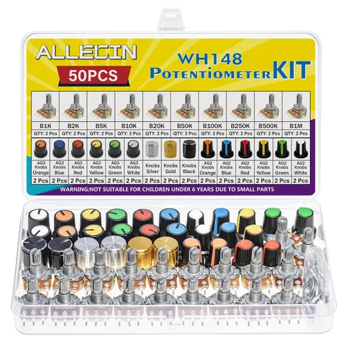 WH148 Kit de potenciómetro 1K 2K 5K 10K 20K 50K 100K 250K 500K 1MK Ohm 0.591 in Eje Potenciómetros lineales de una sola articulación Juego de 3