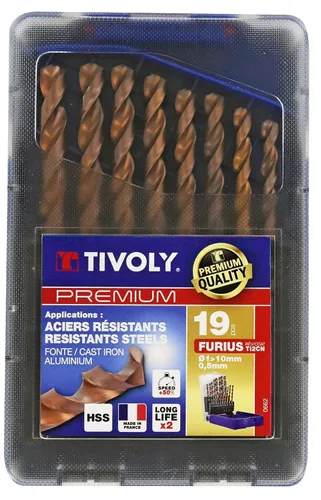 TIVOLY - Juego de 19 brocas metálicas FURIUS de alto rendimiento HSS Ø1 a 0.394 in en incrementos de 0.020 in - Perforación rápida en acero