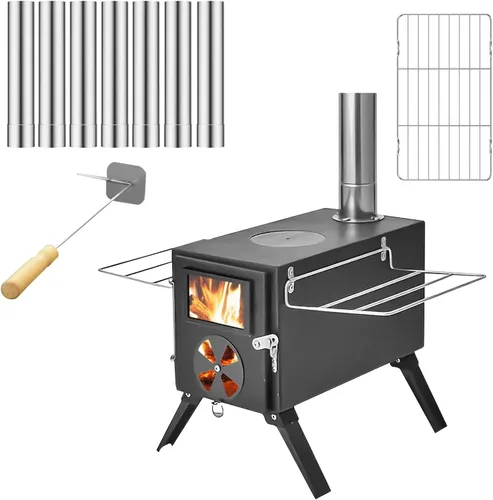 Estufa de leña portátil, estufa plegable para tienda de campaña caliente, estufa de leña con chimenea, sin fugas de humo y fácil de instalar, para