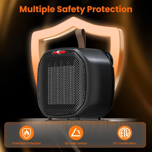 Miniatura 5 de ZAFRO Calentador de espacio de cerámica portátil de 1200 W para uso en interiores, termostato ajustable de 3 modos, protección contra vuelco y negro