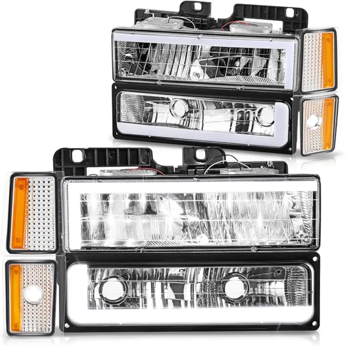 DNA MOTORING Faro LED DRL estilo C, señal de parachoques, juego de lámparas de esquina compatible con Chevy C/K1500-3500 88-93, cromo/ámbar,