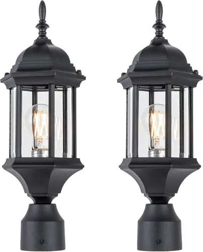 LIT-PaTH Farol de poste de iluminación para exteriores, base mediana E26 máx. 60 W, carcasa de aluminio más vidrio, paquete de 2, acabado negro