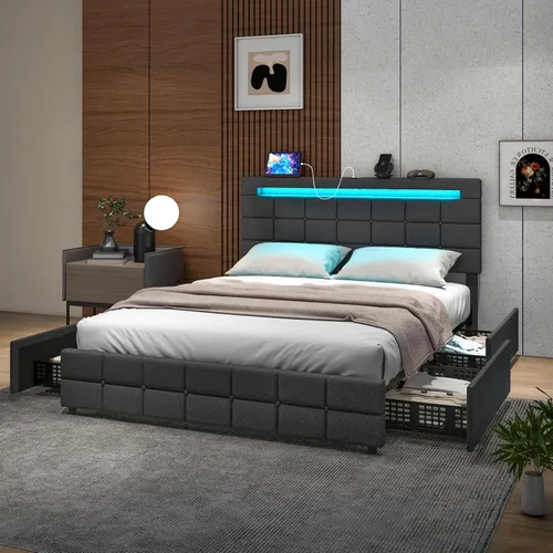 Miniatura 3 de Giantex Base de cama individual con luces LED y 4 cajones, base de cama de plataforma tapizada con puertos USB, diseño de cabecera ajustable