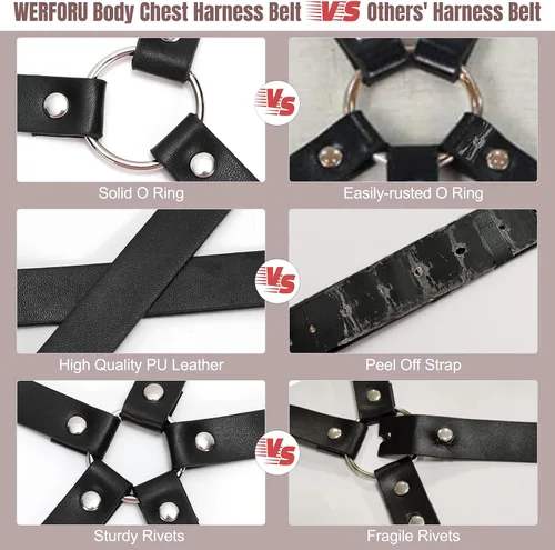 Miniatura 5 de WERFORU Cinturón punk ajustable de piel sintética negra para mujer, para Halloween, Negro