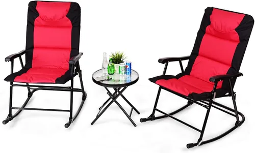 Tangkula Juego de 3 piezas de bistró plegable, sillas mecedoras al aire libre y mesa redonda, juego de muebles plegables para patio trasero, jardín,