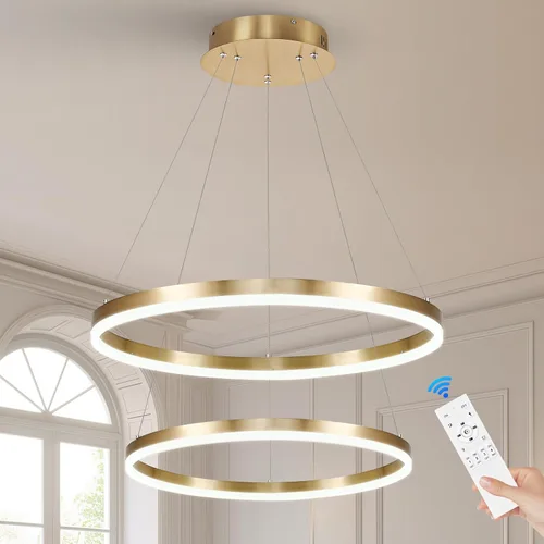 Miniatura 13 de Benkut Lámpara colgante LED moderna D24 pulgadas, color negro dorado, lámpara LED circular regulable, 1 anillo con control remoto, luz colgante