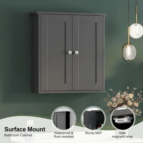 Miniatura 4 de Armario de pared de baño negro, botiquín sobre inodoro, armario de baño montado en pared con estantes, botiquín de montaje en superficie