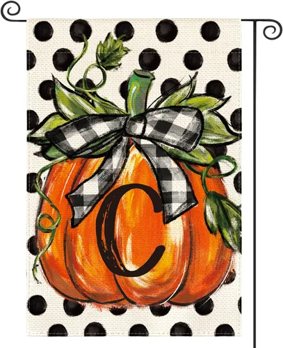 AVOIN colorlife Bandera de jardín con monograma de otoño con letra C, diseño de calabaza, con diseño de lunares, 12 x 18 pulgadas, doble cara en el