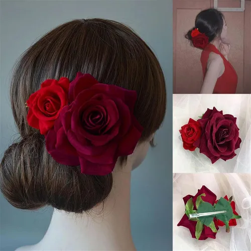 Miniatura 7 de Peines de pelo de flores, flor de rosa, bohemia, horquilla, disfraz de novia, decoración de pelo para fiesta, boda, rojo (1 unidad)