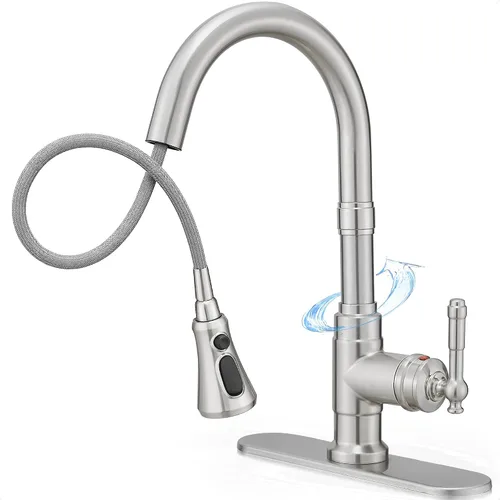 Miniatura 8 de Grifos de cocina con rociador desplegable de níquel cepillado de 3 modos, grifo de fregadero de cocina con resorte de una sola manija de 3 agujeros