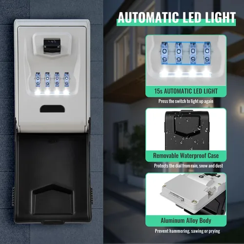 Miniatura 9 de Caja de bloqueo de llave para exterior con diales iluminados, resistente e impermeable, combinación para llaves, caja de almacenamiento de llaves