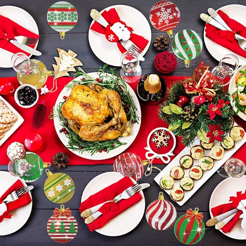 Miniatura 6 de FairySandy 10 piezas de posavasos de pintura de diamante de Navidad Posavasos de arte de diamante de bola de Navidad con soporte Posavasos de bola