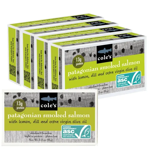 Miniatura 11 de Cole's Filete de Salmón Ahumado Patagónico con Limón y Eneldo en Aceite de Oliva Extra Virgen 3.2 oz Envasado a Mano Salmón Ahumado Enlatado 13g