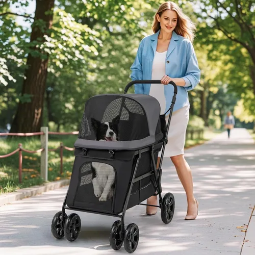 Miniatura 2 de Giantex Cochecito para perros con entrada baja y acceso a rampa, cochecito para gatos con ruedas todo terreno bloqueables y que absorben los golpes