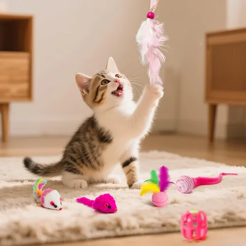 Miniatura 3 de MALLMALL6 Juego de juguetes interactivos para gatos, paquete de 27 piezas, paquete de 27 piezas, plumas rosadas, varita, resortes, ratones, sisal