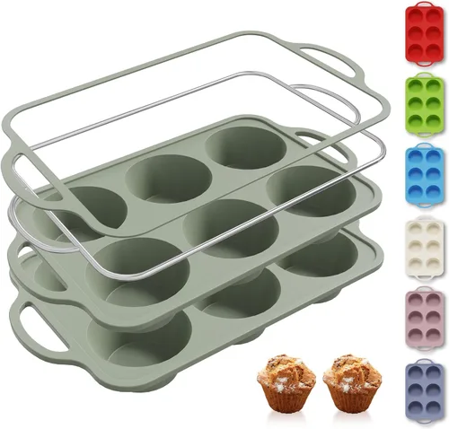 Miniatura 39 de 2 paquetes de 12 tazas de molde para magdalenas de silicona para hornear con marco reforzado de metal, molde para cupcakes de tamaño regular, Crema