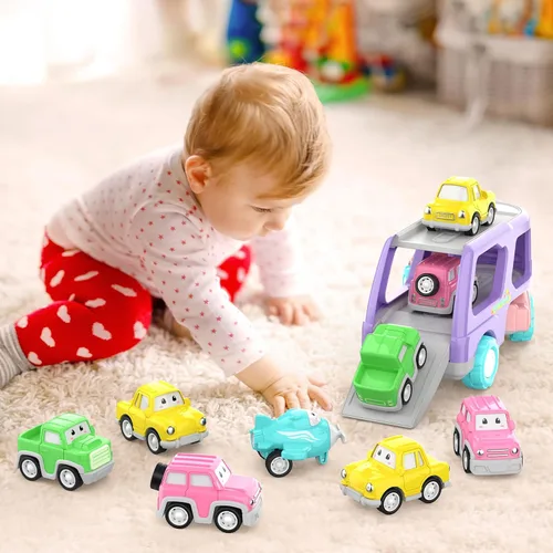 Miniatura 6 de LASCOTON - Juguetes para niñas de 1, 2 y 3 años, camión transportador 5 en 1 para niñas pequeñas, autos de juguete alimentados por fricción