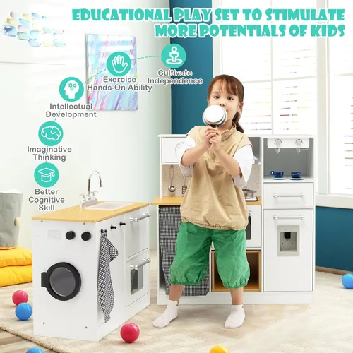 Miniatura 7 de HONEY JOY Juego de cocina para niños, juego de cocina modular de madera de 2 piezas, lavadora y fregadero, cafetera, campana extractora y estufa
