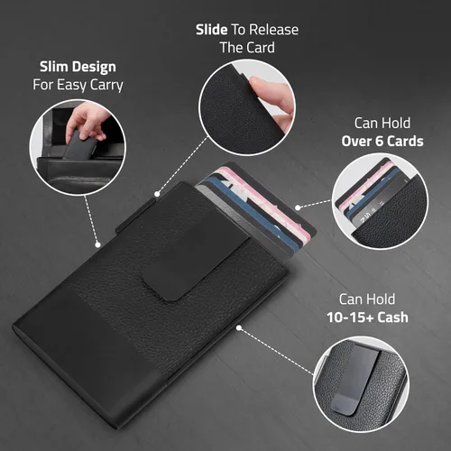 Miniatura 24 de Fidelo Cartera minimalista para hombre – Soporte delgado para tarjetas de crédito con clip para dinero, bolsillo frontal con bloqueo RFID, Cuero sin