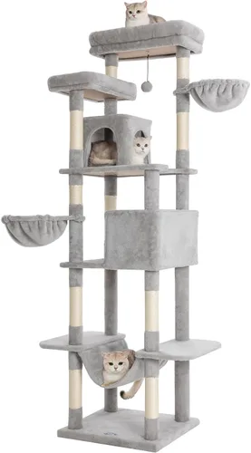 Árbol para gatos, torre para gatos de 81 pulgadas de alto con poste rascador, condominio de felpa para gatos de varios niveles con 2 perchas, 2 Gris