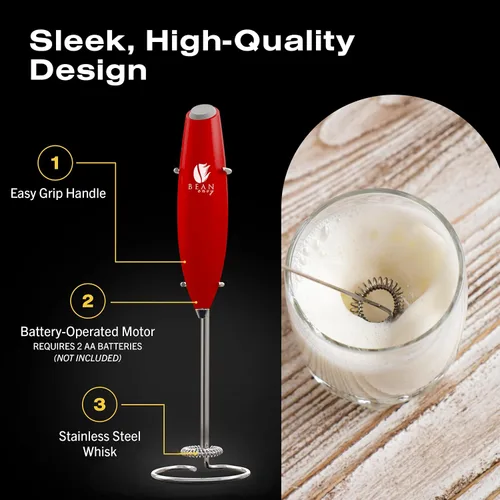 Miniatura 6 de Bean Envy Espumador de leche para café, de mano, mini mezclador eléctrico de bebidas, espumador y espumador con soporte para café, lattes, Rojo
