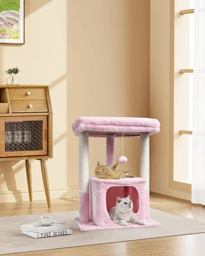 Miniatura 2 de SYANDLVY Árbol pequeño para gatos de interior para adultos grandes, torre de actividades de 27 pulgadas con postes rascadores, casa moderna con Rosa