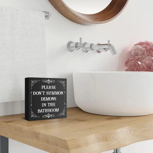 Miniatura 5 de Divertido letrero gótico para baño, diseño gótico espeluznante con texto en inglés «Please Don't Summon Demons in the Bath», letrero de madera negra