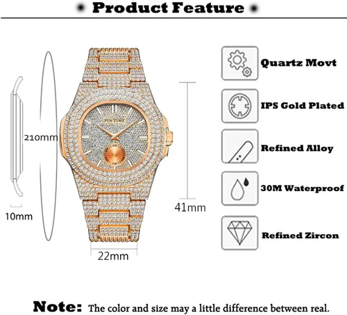 Miniatura 11 de Gosasa Reloj de pulsera unisex de cristal para hombre y mujer, reloj cubano con brillo completo, oblongo de plata/oro, reloj de pulsera de acero
