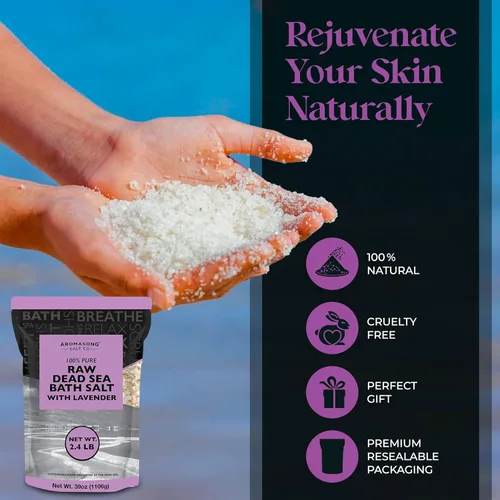 Miniatura 5 de Aromasong Sal pura cruda del mar muerto para remojar con lavanda 100% natural, 2.43 libras, sal de baño de spa de grano fino, exfoliante de lavado