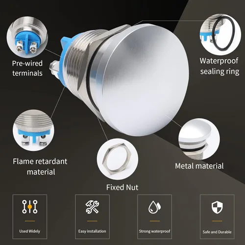 Miniatura 5 de STARELO Interruptor de botón momentáneo de 0.79 pulgadas, cabeza de hongo de metal de acero inoxidable IP65, resistente al agua, 2 pines, SPST, 1NO
