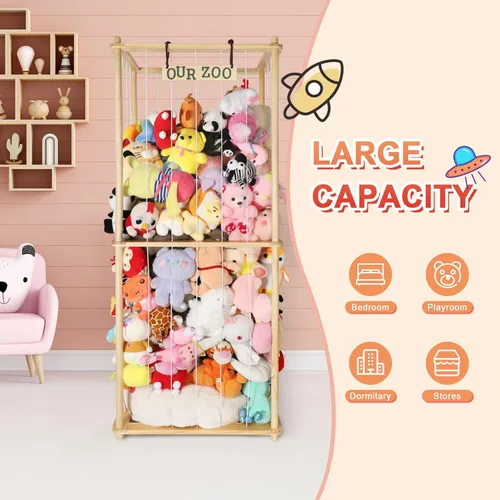 Miniatura 6 de Estante organizador grande de peluche de 63 pulgadas para niños, estante organizador de almacenamiento de felpa de madera con cordón elástico